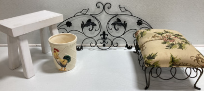 Metal Wall Decor, Small White Stool, Small Ottoman, Rooster Utensil Holder
