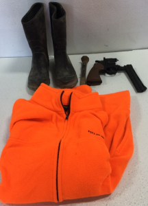 Rubber Boots, Medium Hunting Sweater, Decorative Railroad Nail, BB Gun Pistol