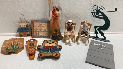 Harvest Figurine, Gambler and Golfer Figures, Small Wood Art, Wood Picture Clip Frame