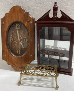 Wood Wall Clock, Trinket Display Box, Brass Bird Stand