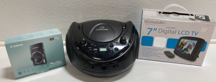 Memorex CD Boombox, Canon PowerShot Digital Camera, 7&rdquo; Digital LCD TV