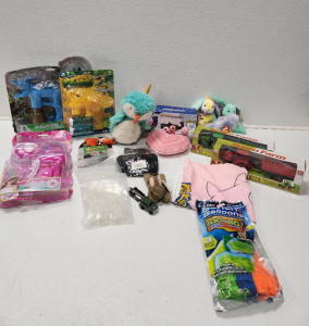 (2) Dinosaur Bubble Guns, (2) Green Farm Tractor Toys, Water Ballons, Madagascar Car, Assorted Stuffed Animals And More