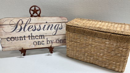 &ldquo;Blessings&rdquo; Wood Sign, Western Art Holder, Wicker Storage Basket