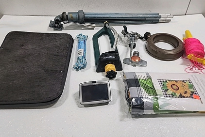 Vintage Tripod, (4) Sprinklers, (2) Carpet Car Mats, Decorative Flag, Kite String, TomTom Screen