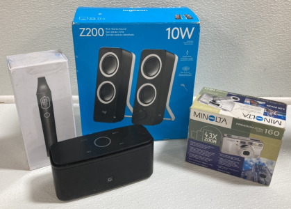 Logitech Computer Speakers, Minolta Digital Camera, FEZ Dry Leaf Vaporizer, Bluetooth Speaker