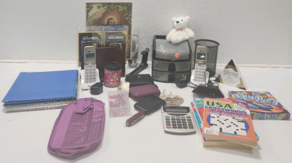 Folders, (2) AT&T Landline Phones, (4) Crossword Puzzle Books, General Offlice Supplies And More