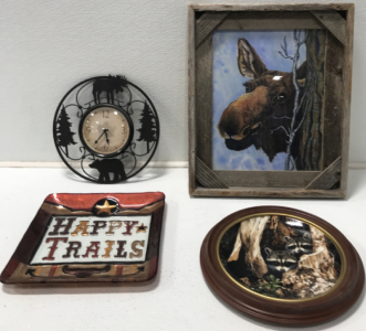 Framed Moose Print, Racoons Decorative Plate, Forrest Clock, Happy Trails Decorative Plate