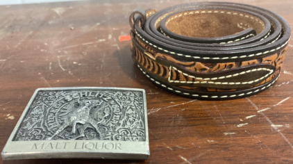 (1) Brown Authentic Mexico Belt, (1) Schlitz Malt Liquor Silver Belt Buckle