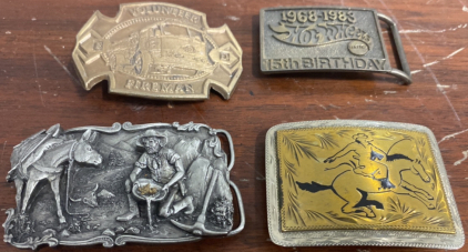 (1) Volunteer Firemen Belt Buckle, (1) 1968-1983 (1983) 15th Birthday of Hot Wheels Belt Buckle, (1) Belt Buckle Of man and Donkey, (1) Rodeo Belt Buckle