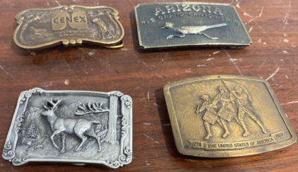(1) Cenex Belt Buckle, (1) Arizona Bird Belt Buckle, (1) Deer Belt Buckle, (1) 1776-1993 &ldquo;The United States&rdquo; Belt Buckle