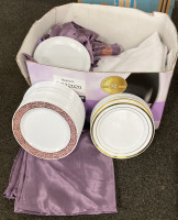 Plastic Plates, Purple Napkins, White Tablecloths