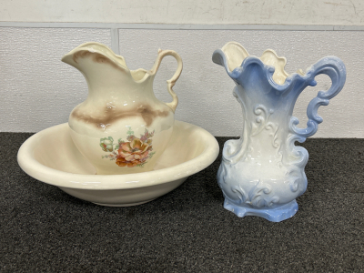 (2) Ceramic Pitchers and Water Basin