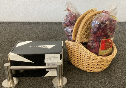 (2) Cinnamon Potpourri Bags, Small Basket, New Silver Toilet Paper Roll Holder With Hardware