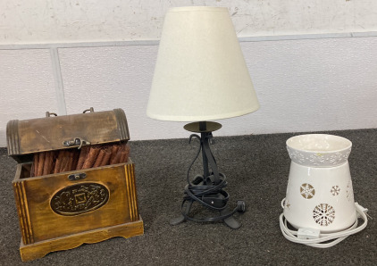 Lamp, Wax Warmer, And Wooden Chest With Cinnamon