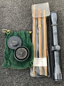 Rifle Scope, Shotgun Cleaning Rod, And Mitchell Fishing Reel Spool