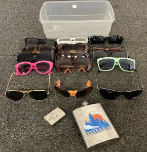 Bin Of Sunglasses, Lighter, And Flask