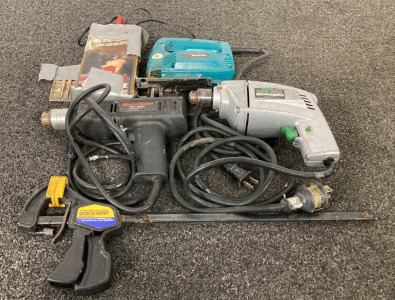 Electric Jig Saw, Drills, Clamp, And Chain Saw Sharpener