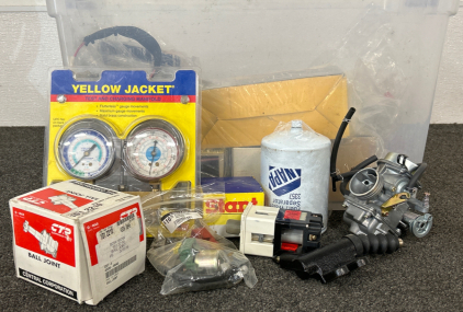 Tote with Car Parts: Ball Joints, Carburetor, Pumps, and Much More