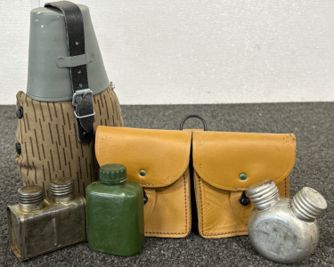 Vintage Canteen, Leather Pouch, Tin Cans