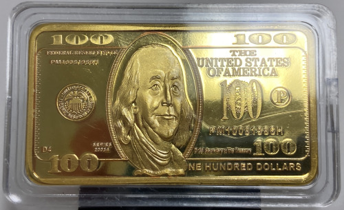 Franklin 100 Dollar Federal Reserve Note One Troy Ounce Gold Bar- Unverified