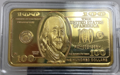 Franklin 100 Dollar Federal Reserve Note One Troy Ounce Gold Bar- Unverified