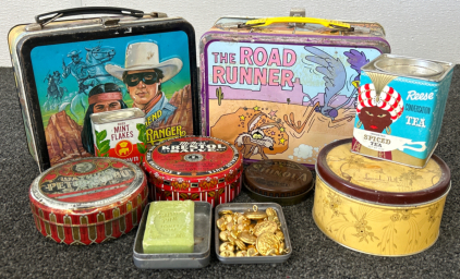 Vintage Lunch Boxes, Tin Cans, Soap, and Buttons