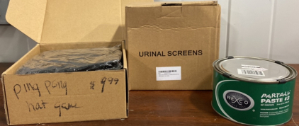 (1) Ping Pong Hat Game, (1) Box of Urinal Screens, (1) Mold Care Rexco Partall Pate #2