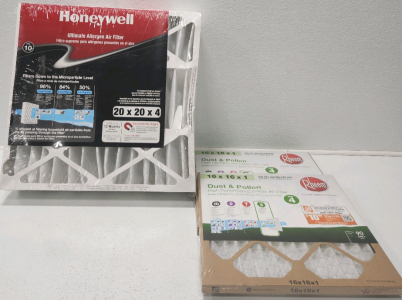 (2) Rheem Dust & Pollen Filters, (1) Honeywell Allergen Air Filter