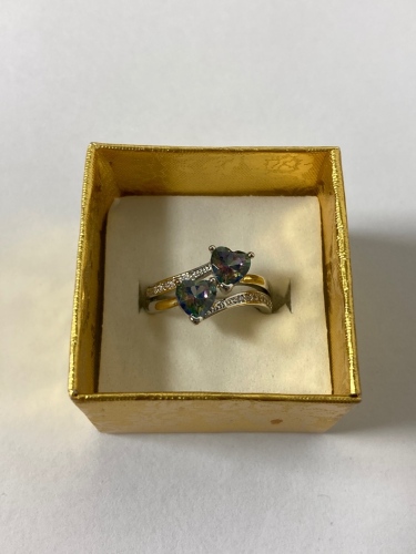 Double Heart Rainbow Topaz Ring Size 7