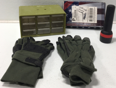 (2) Pairs Of Work Gloves, Flashlight, Mini Hardware Organizer, Marine Pillow Cover