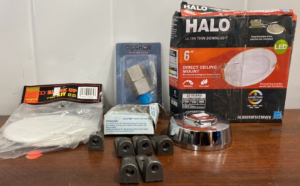 (2) SATCO Blink Up Kit 5&rdquo; White, (1) Gashor Brass Pipe Fitting, (1) Halo Ultra Think Downlight 6&rdquo;, and more