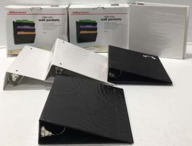 (2) Letter Size Wall Pockets, (3) White Binders, (2) Black Binders