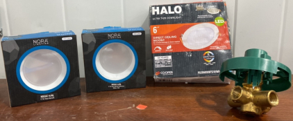(2) Nora Lighting Noxac-4/HL 4&rdquo; AC Onyx Retrofit Reflectors 950lm/ 15W, (1) Halo Ultra Thin DownLight 6&rdquo; Direct Ceiling Mount LED Light, and more!