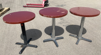 (3) 24&rdquo; Diameter 30&rdquo; Tall Brown Round Wooden Tables