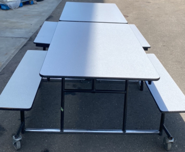 96&rdquo;x36&rdquo; White Bench Cafeteria Table 4 Benches 2-3 people per bench Sher-lok Brand Mobile Picnic Style Tables With Wheels Foldable