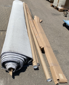 (1) Roll of Used Carpet, (36) Tack Strips,(2) Boxes of Vinyln Base board SP10