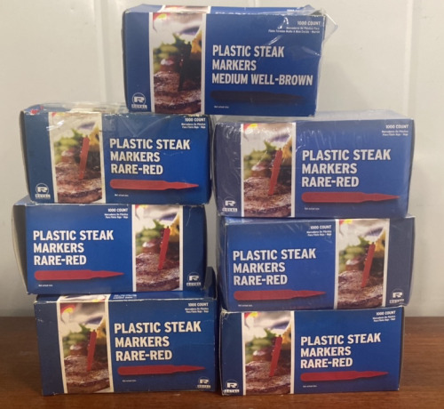 (7) Boxes of Royal Plastic Steak Markers - Rare, and medium Well (1000 Markers Per Box, 7,000 Altogether)