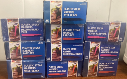 (10) Boxes of Royal Plastic Steak Markers - Well Done, Medium Rare, Rare, and medium Well (1000 Markers Per Box, 10,000 Altogether)