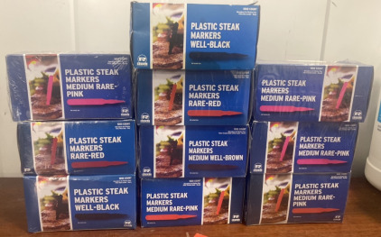 (10) Boxes of Royal Plastic Steak Markers - Well Done, Medium Rare, Rare, and medium Well (1000 Markers Per Box, 10,000 Altogether)