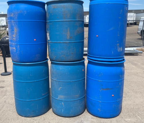 (6) Service Pro 55 Gal Blue Barrels