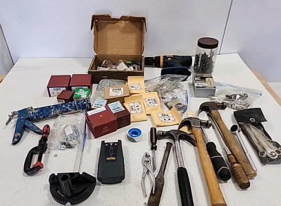 Various Screws, Screw Nuts, (3) Hammers, Stud Finder, Nails, Dremel Supplies, Ryobi Drill