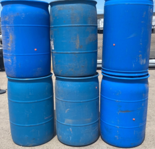 (6) Service Pro 55 Gal Blue Barrels