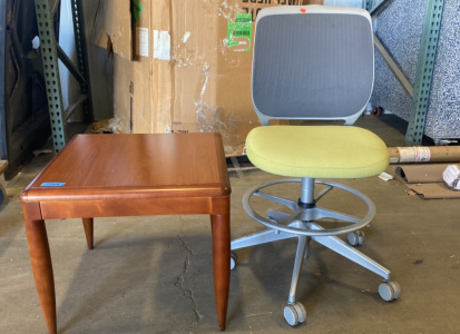 (1) 23&rdquo;x23&rdquo;x23&rdquo; Brown Wooden Side Table, (1) 20&rdquo;x20&rdquo;x41&rdquo; Light Lime Green (appears more yellow in photos) and Grey Office/Desk Chair On Wheels