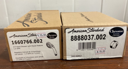 (1) American Standard 3-F Hand Shower With Pause Feature 1.5 GPM, (1) American Standard 8888.037.002 Wall Supply