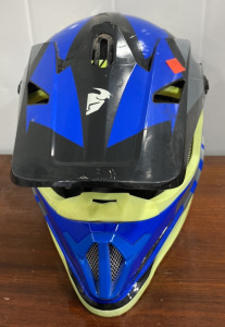 Blue and Lime Green Moto Helmet