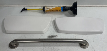 Power Plunge-It Air Powered Plunger, (2) Different Toilet Lids, Metal Towel Rack
