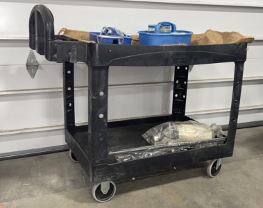 Rubbermaid* Large Black Tool Cart With Wheels, And Paint Mixer, (7) Metal Stakes, (2) Boxes With Tools, And More!