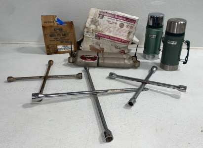 Reflex* Shocks And Struts, (2) Different Vintage Stanley* Thermos, (3) Different Tire Iron, Condensate Removal Pump