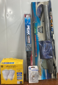 (1) Ultra Bright LED 150 W Indoor FloodLight 2 Bulbs, (1) 40 W High Intensity Light Light Bulb, (1) Peak performance Hybrid Window Blade, and more