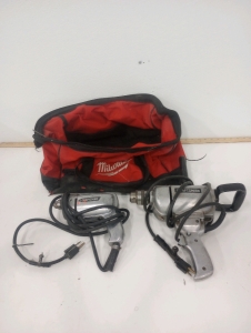 (1) Craftsman Electric 1/4" Drill Driver (1) Craftsman Commercial 1/2" Electric Drill (1) Milwaukee Tool Bag